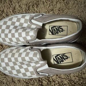Vans Beige and White Checkered Slip-Ons